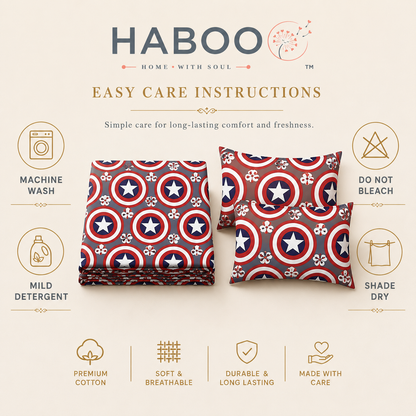 Red, White & Navy Star Shield Print Double Bedsheet with 2 Pillow Covers – Kids Bedding Set