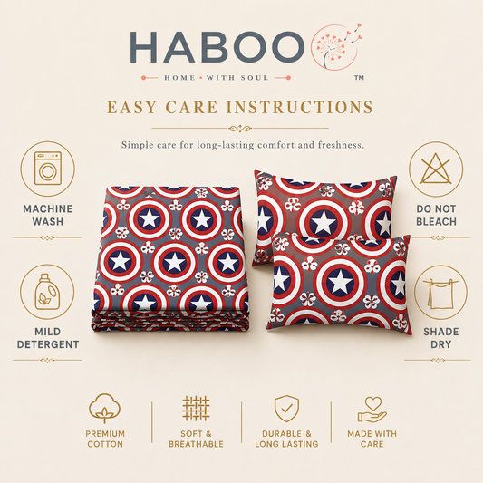 Red, White & Navy Star Shield Print Double Bedsheet with 2 Pillow Covers – Kids Bedding Set