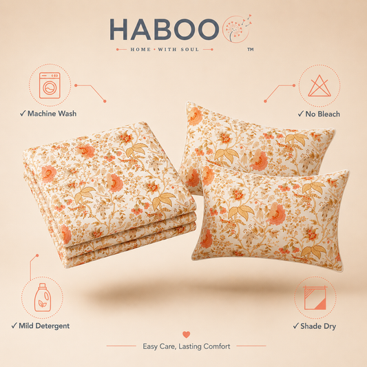 Floral Garden Double Bedsheet with 2 Pillow Covers – Peach Botanical Print