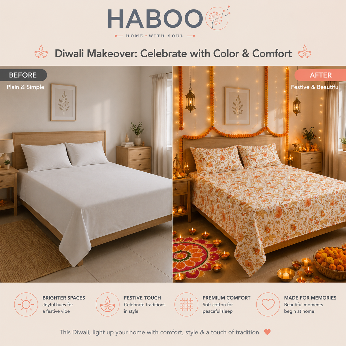 Floral Garden Double Bedsheet with 2 Pillow Covers – Peach Botanical Print
