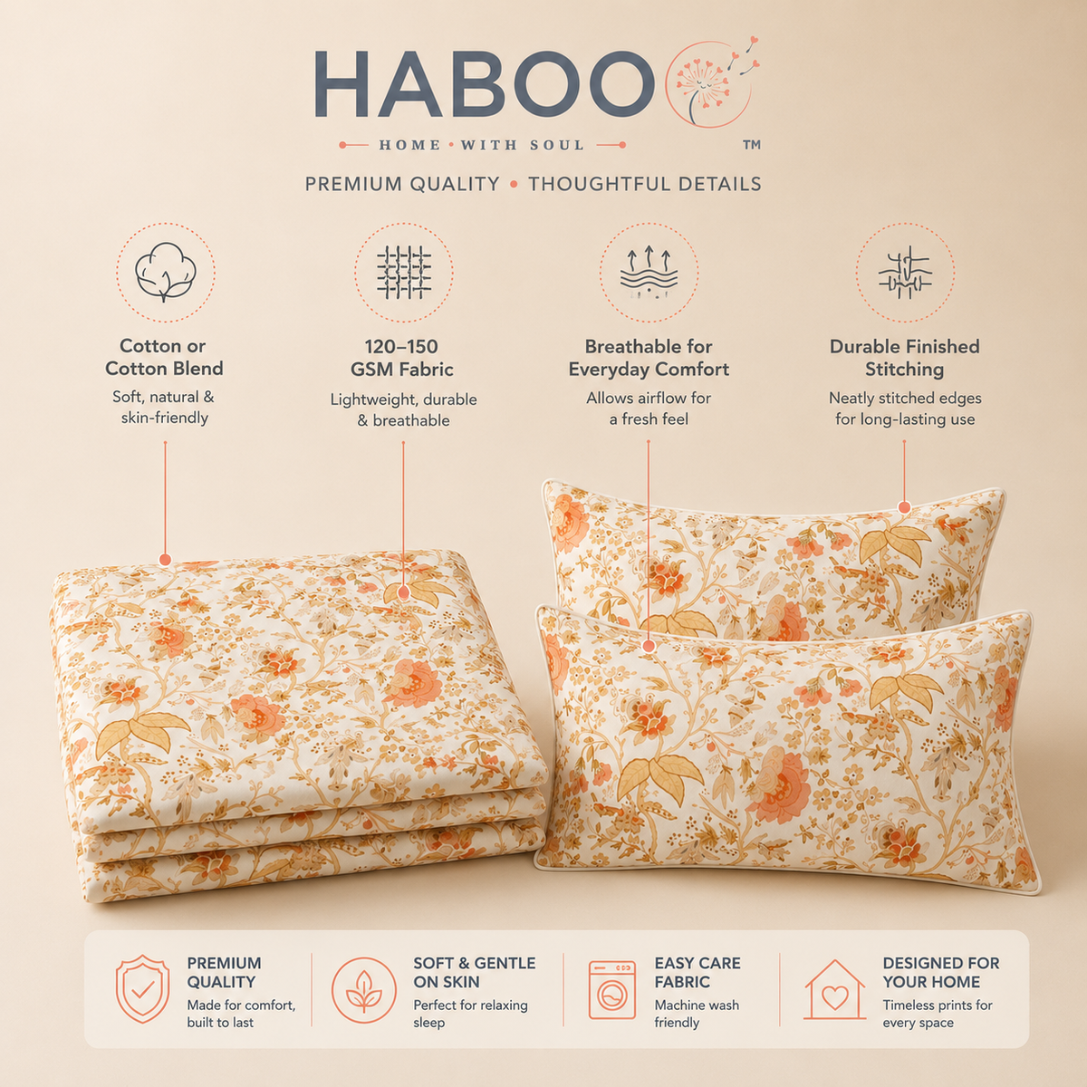 Floral Garden Double Bedsheet with 2 Pillow Covers – Peach Botanical Print