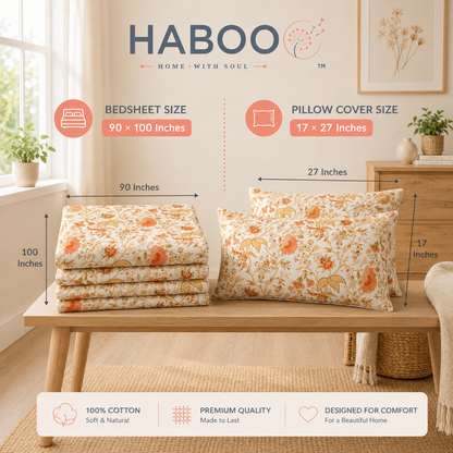 Floral Garden Double Bedsheet with 2 Pillow Covers – Peach Botanical Print
