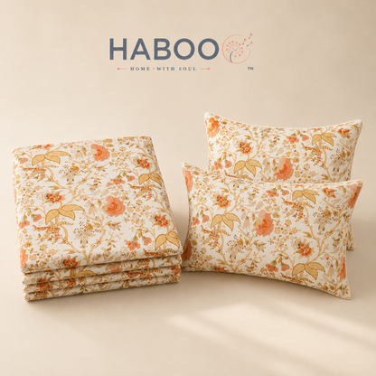 Floral Garden Double Bedsheet with 2 Pillow Covers – Peach Botanical Print