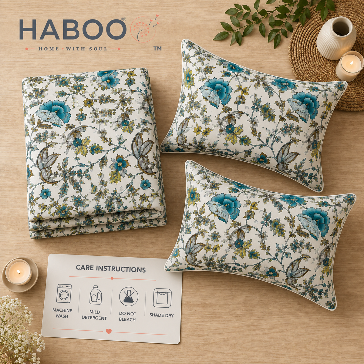 Blue Floral & Bird Double Bedsheet with 2 Pillow Covers | Botanical Printed Bed Sheet