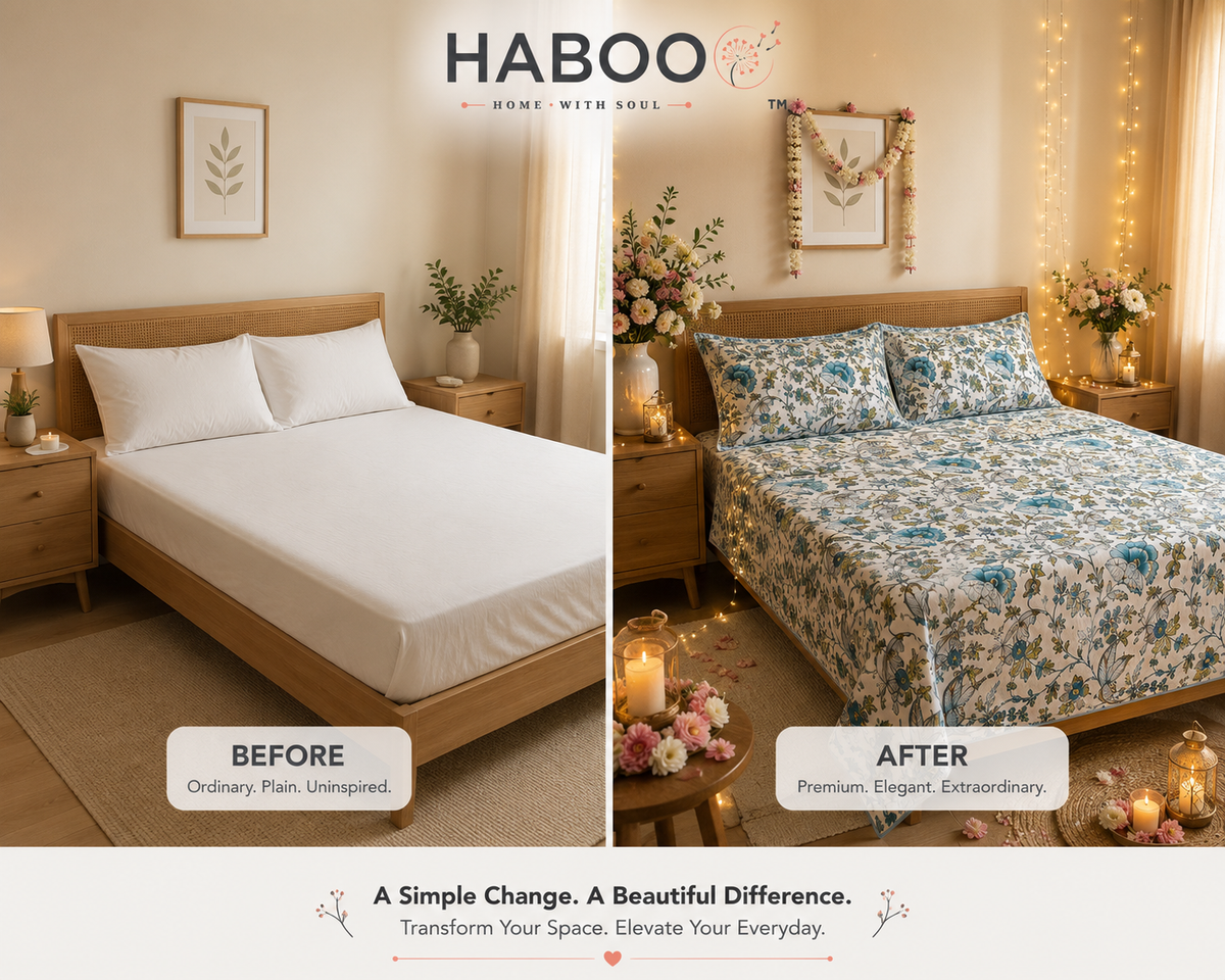 Blue Floral & Bird Double Bedsheet with 2 Pillow Covers | Botanical Printed Bed Sheet