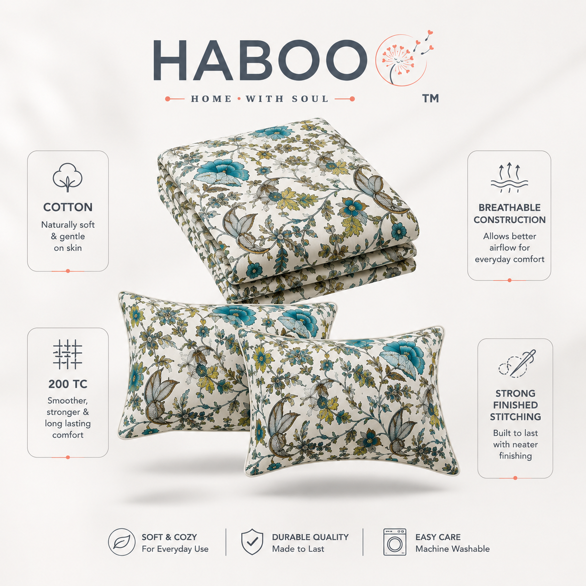 Blue Floral & Bird Double Bedsheet with 2 Pillow Covers | Botanical Printed Bed Sheet