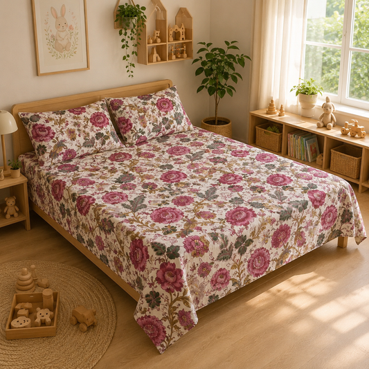 Rosewood Bloom King Size Bedsheet – Pure Cotton with 2 Pillow Covers