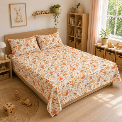 Floral Garden Double Bedsheet with 2 Pillow Covers – Peach Botanical Print