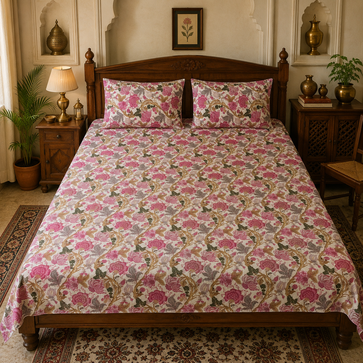Rosewood Bloom King Size Bedsheet – Pure Cotton with 2 Pillow Covers