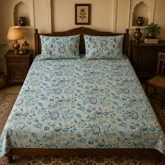Royal Bagh Blue Floral Double Bedsheet with 2 Pillow Covers | Premium Cotton Bedsheet for Double Bed