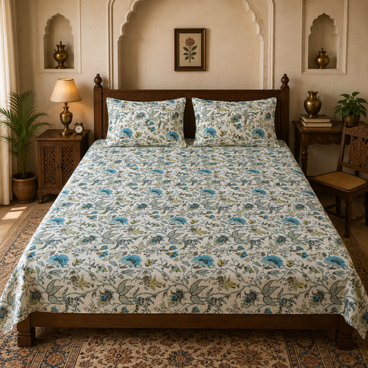 Blue Floral & Bird Double Bedsheet with 2 Pillow Covers | Botanical Printed Bed Sheet
