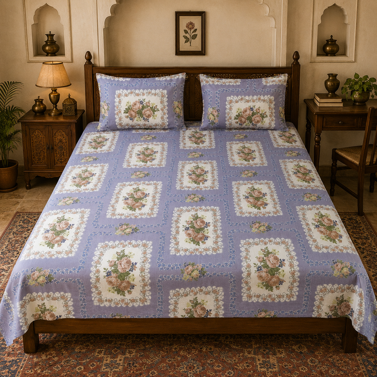 Vintage Rose Floral Cotton Double Bed Bedsheet with 2 Pillow Covers