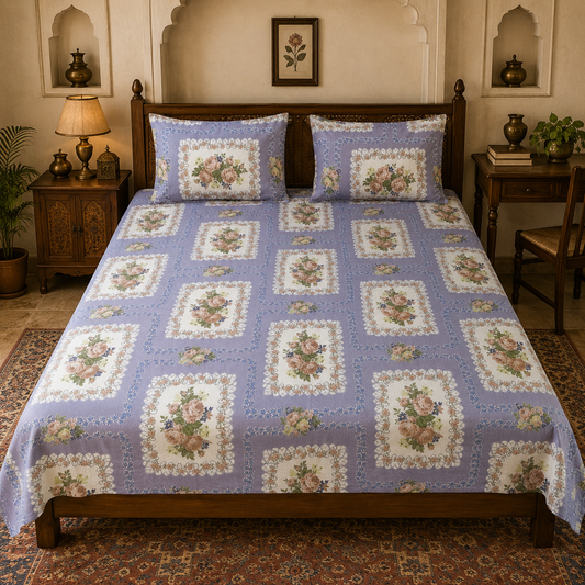 Vintage Rose Floral Cotton Double Bed Bedsheet with 2 Pillow Covers