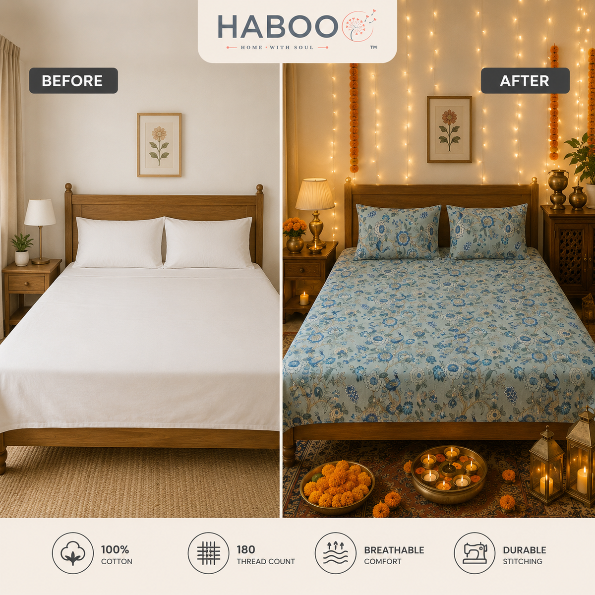 Royal Bagh Blue Floral Double Bedsheet with 2 Pillow Covers | Premium Cotton Bedsheet for Double Bed