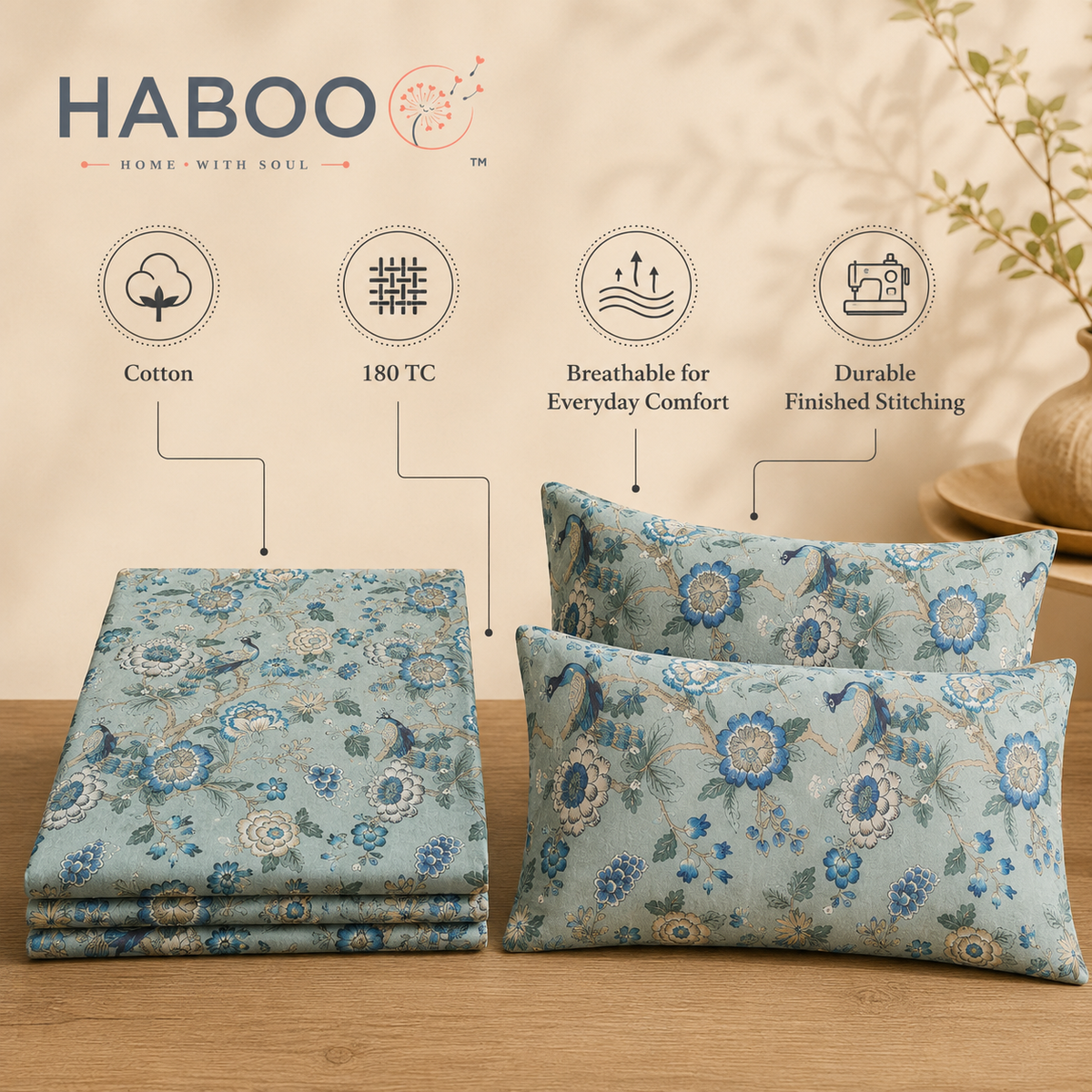 Royal Bagh Blue Floral Double Bedsheet with 2 Pillow Covers | Premium Cotton Bedsheet for Double Bed