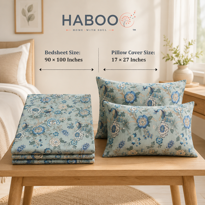 Royal Bagh Blue Floral Double Bedsheet with 2 Pillow Covers | Premium Cotton Bedsheet for Double Bed