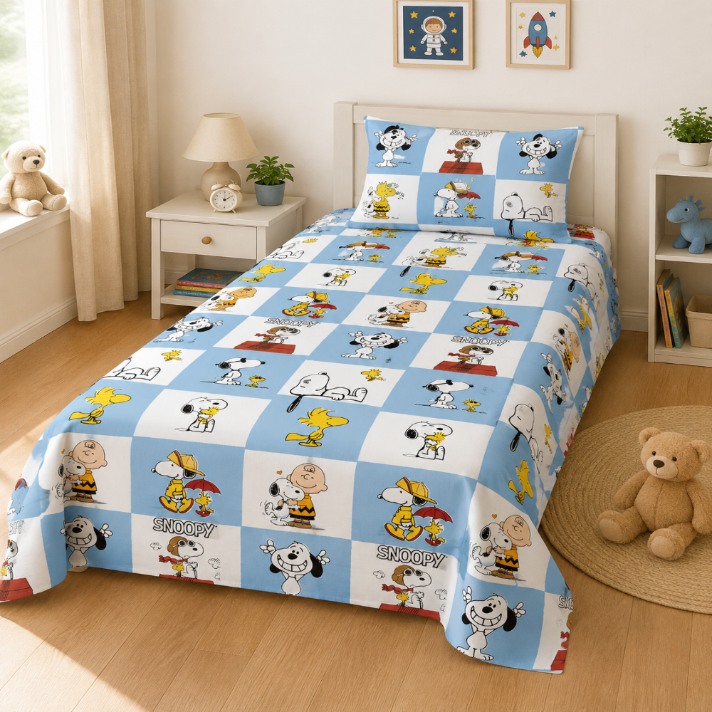 Snoopy & Friends Single Bed Comforter Set for Kids – Soft Comforter, Bedsheet & Pillow Cover | 3 Piece Bedding Set