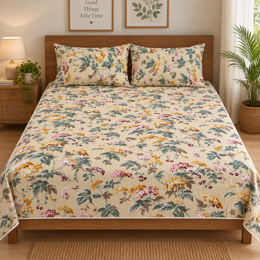 Heritage Bloom King Size Bedsheet – Pure Cotton with 2 Pillow Covers