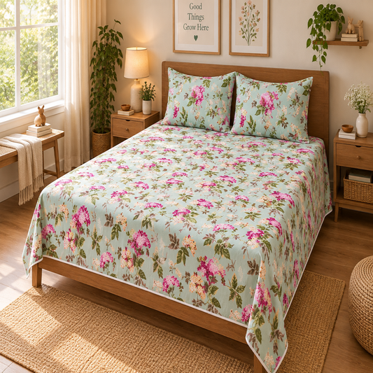 Meadow Grace King Size Bedsheet – Pure Cotton with 2 Pillow Covers