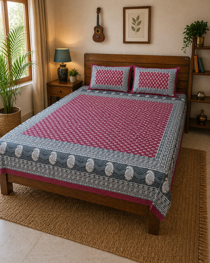 Haboo| Soft & Durable Rajasthani Cotton Bedsheet Double Bed Set