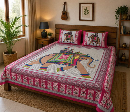 Haboo| Floral Rajasthani Cotton Bedsheet for Double Bed with 2 Pillow Covers