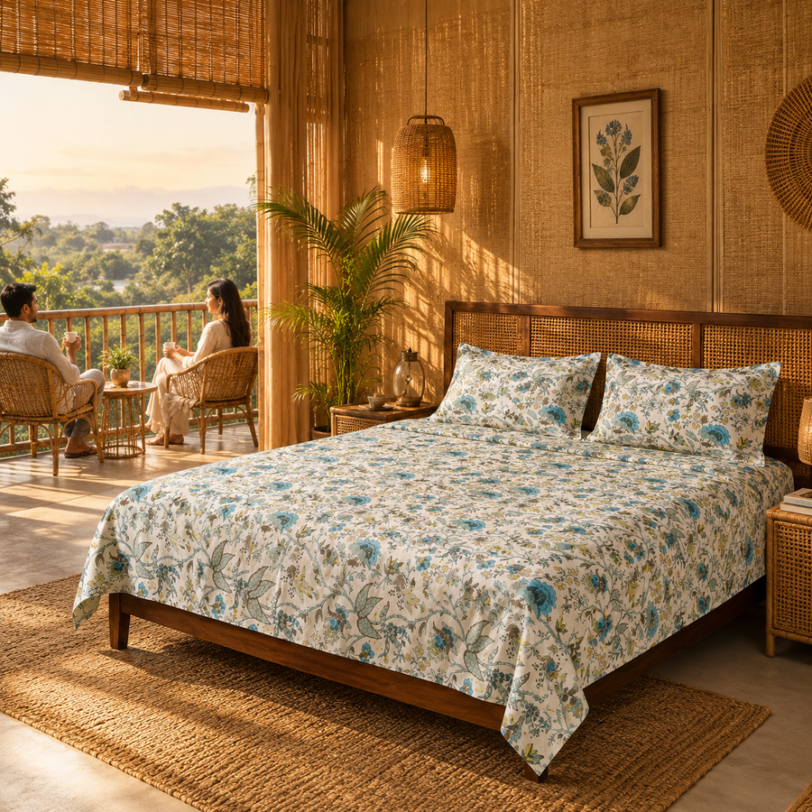 Blue Floral & Bird Double Bedsheet with 2 Pillow Covers | Botanical Printed Bed Sheet