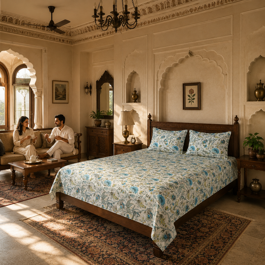 Blue Floral & Bird Double Bedsheet with 2 Pillow Covers | Botanical Printed Bed Sheet