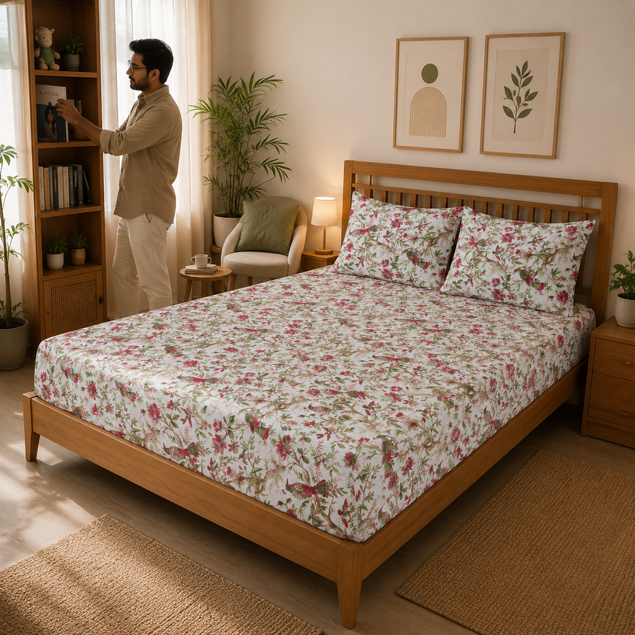 Floral Garden Double Bed Cotton Bedsheet Set with 2 Pillow Covers