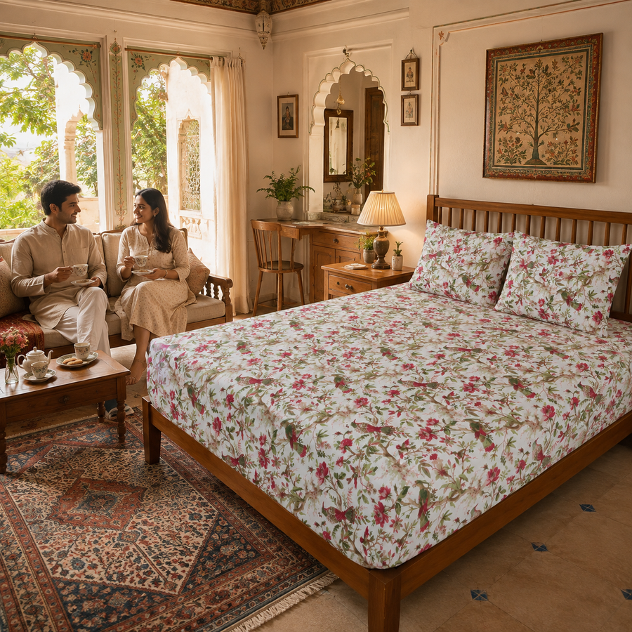 Floral Garden Double Bed Cotton Bedsheet Set with 2 Pillow Covers