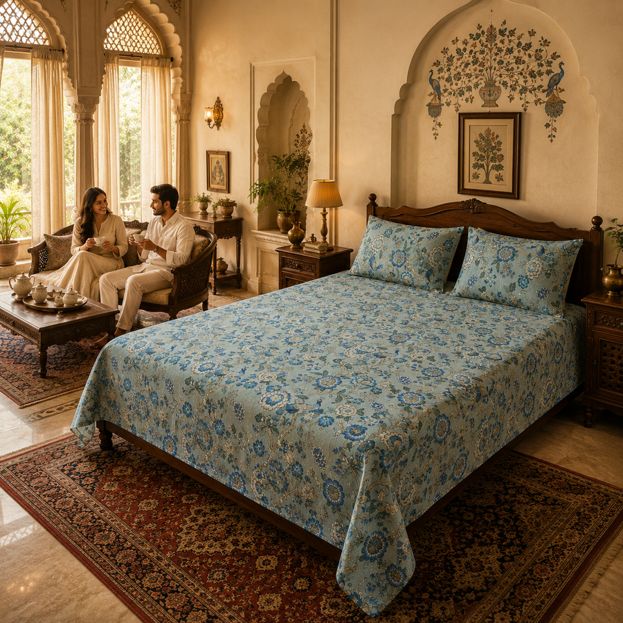 Royal Bagh Blue Floral Double Bedsheet with 2 Pillow Covers | Premium Cotton Bedsheet for Double Bed