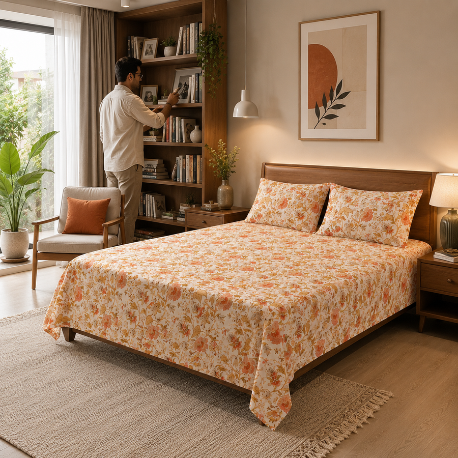Floral Garden Double Bedsheet with 2 Pillow Covers – Peach Botanical Print