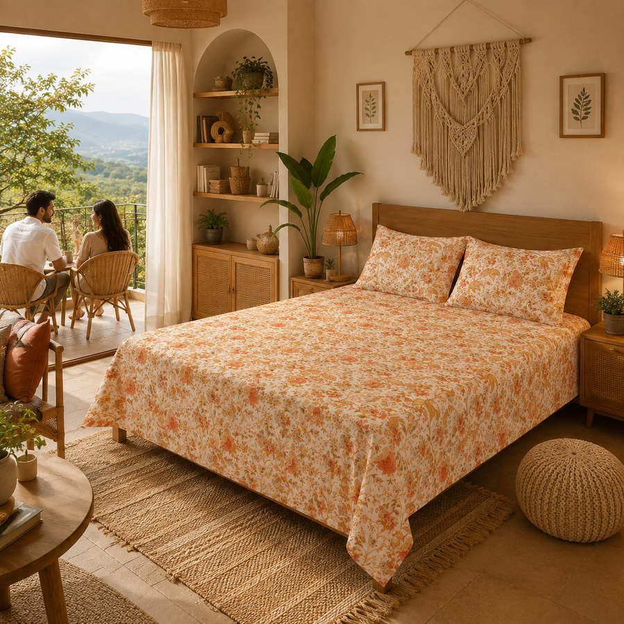 Floral Garden Double Bedsheet with 2 Pillow Covers – Peach Botanical Print