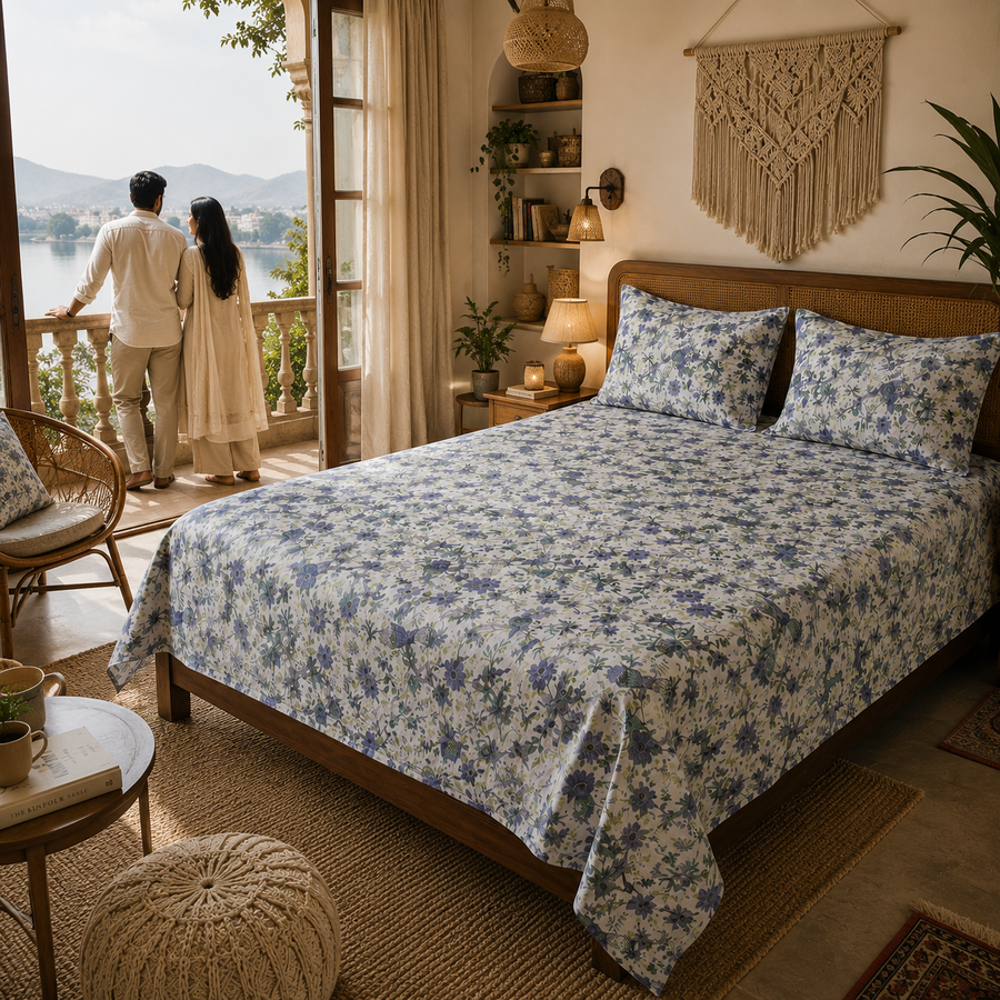 Blue Floral & Bird Printed Double Bed Bedsheet with 2 Pillow Covers | Cotton