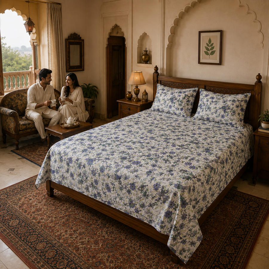 Blue Floral & Bird Printed Double Bed Bedsheet with 2 Pillow Covers | Cotton