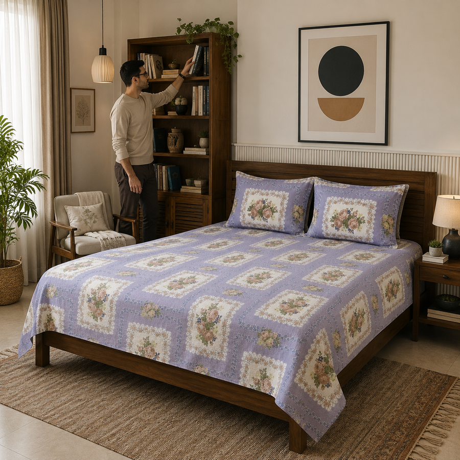 Vintage Rose Floral Cotton Double Bed Bedsheet with 2 Pillow Covers