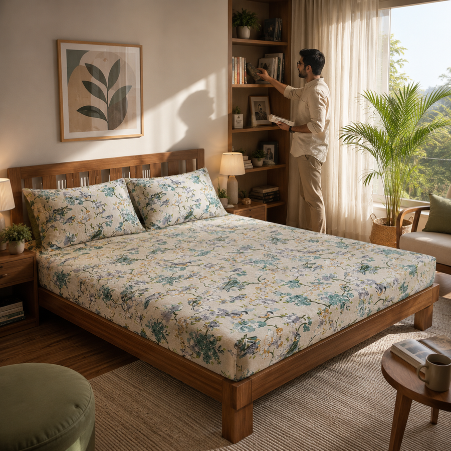 Bird & Blossom Cotton Double Bed Bedsheet with 2 Pillow Covers
