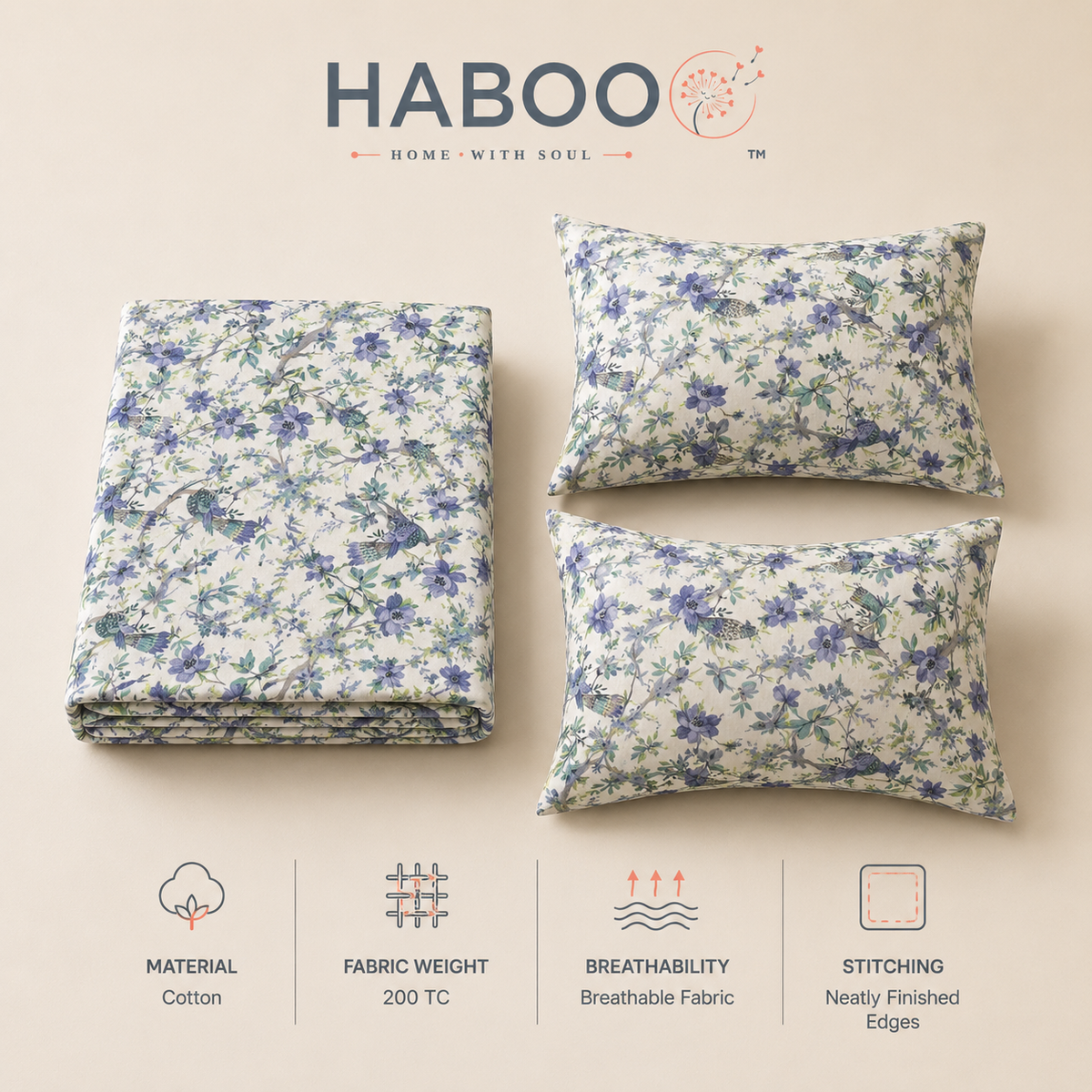 Blue Floral & Bird Printed Double Bed Bedsheet with 2 Pillow Covers | Cotton