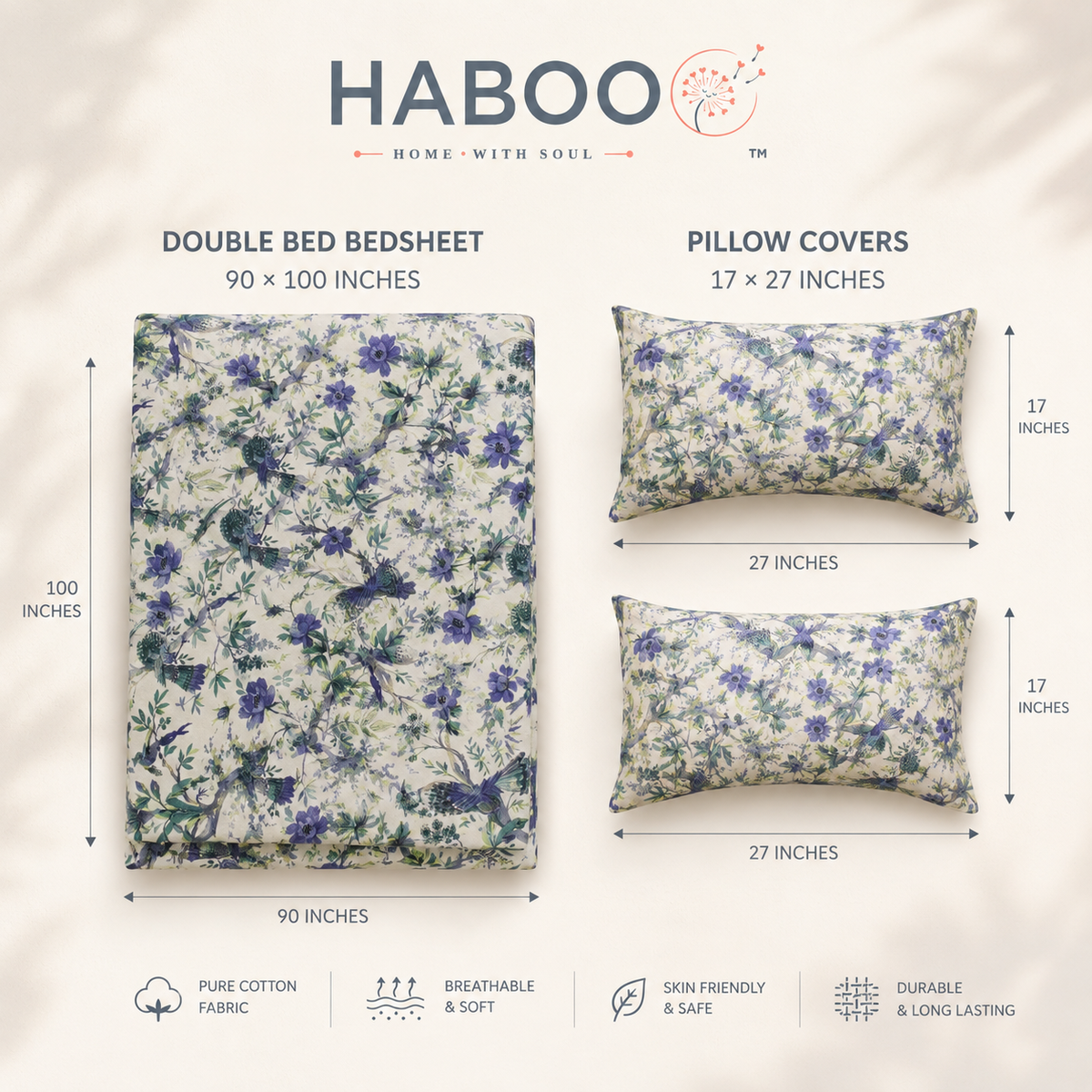 Blue Floral & Bird Printed Double Bed Bedsheet with 2 Pillow Covers | Cotton