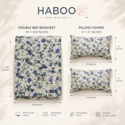 Blue Floral & Bird Printed Double Bed Bedsheet with 2 Pillow Covers | Cotton