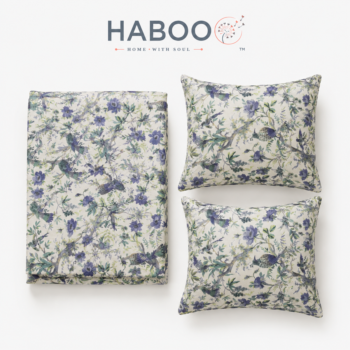 Blue Floral & Bird Printed Double Bed Bedsheet with 2 Pillow Covers | Cotton