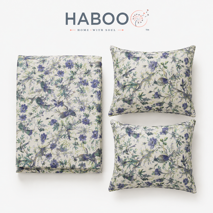 Blue Floral & Bird Printed Double Bed Bedsheet with 2 Pillow Covers | Cotton