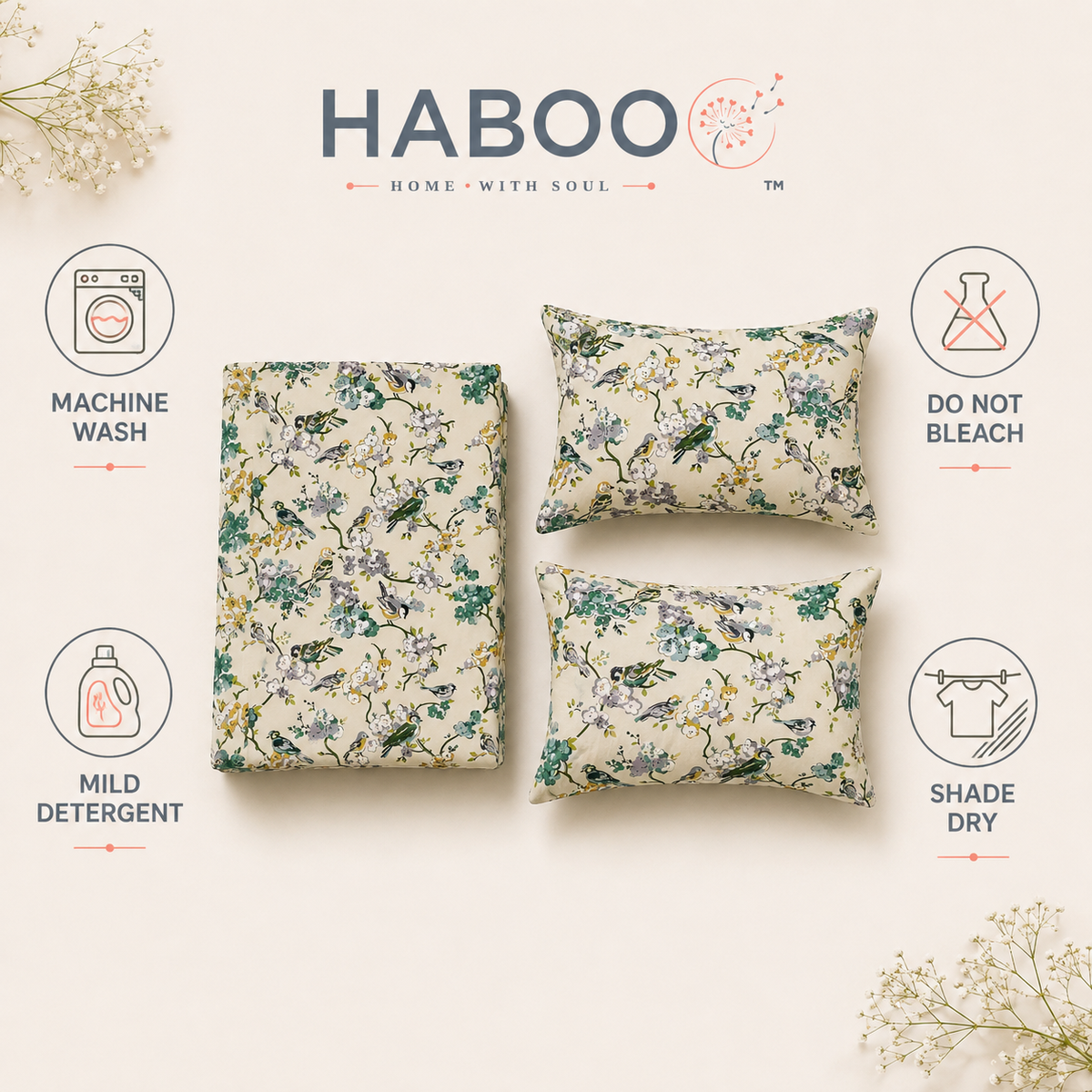 Bird & Blossom Cotton Double Bed Bedsheet with 2 Pillow Covers