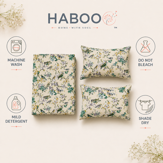 Bird & Blossom Cotton Double Bed Bedsheet with 2 Pillow Covers