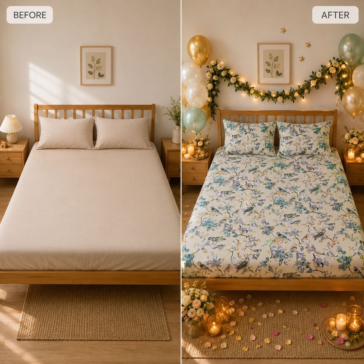 Bird & Blossom Cotton Double Bed Bedsheet with 2 Pillow Covers