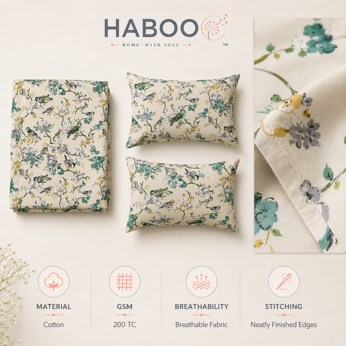 Bird & Blossom Cotton Double Bed Bedsheet with 2 Pillow Covers