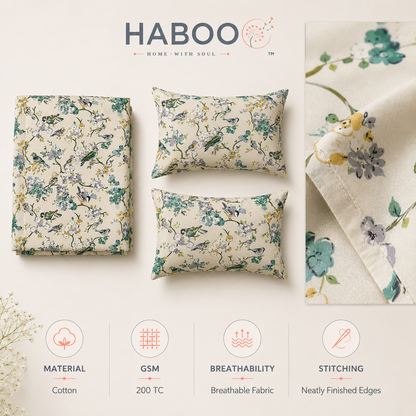 Bird & Blossom Cotton Double Bed Bedsheet with 2 Pillow Covers