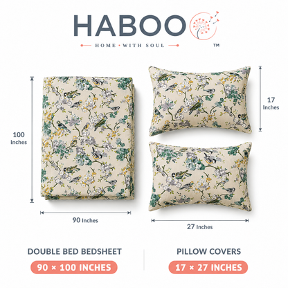 Bird & Blossom Cotton Double Bed Bedsheet with 2 Pillow Covers