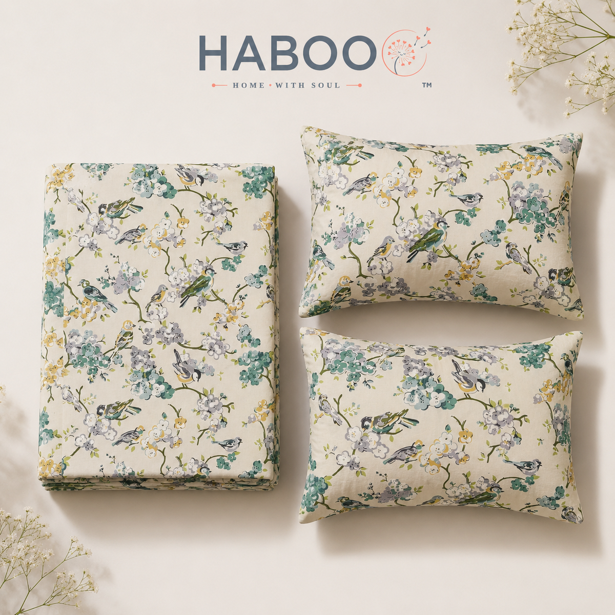 Bird & Blossom Cotton Double Bed Bedsheet with 2 Pillow Covers