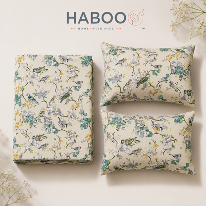 Bird & Blossom Cotton Double Bed Bedsheet with 2 Pillow Covers