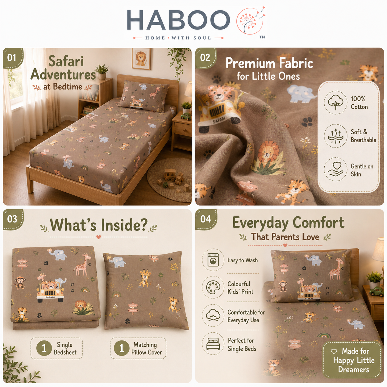 Forest Animal Print Single Bedsheet with 1 Pillow Cover | Soft Cotton Kids Bedding Set (Beige Multicolor)